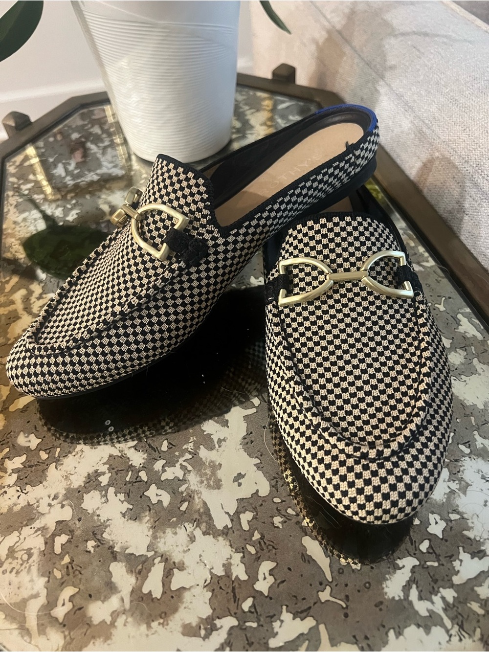 Rothy's Black and White Patterned Slip-On Loafers with Gold Bit